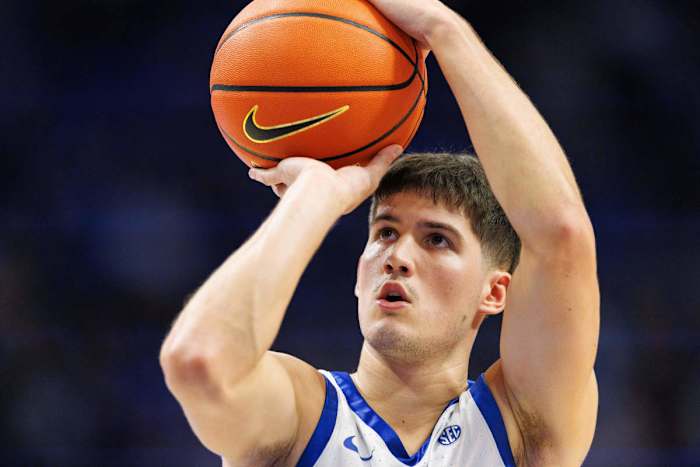 Dec 2, 2023; Lexington, Kentucky, USA; Kentucky Wildcats guard Reed Sheppard shoots a free-throw during the second half against the North Carolina-Wilmington Seahawks at Rupp Arena at Central Bank Center. Mandatory Credit: Jordan Prather-USA TODAY Sports